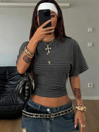 Coolane Women's Summer Minimalist Y2K Basic Daily Wear Casual Back To School Streetwear Stretchy Navy Blue Loose Ruched Crop Tees