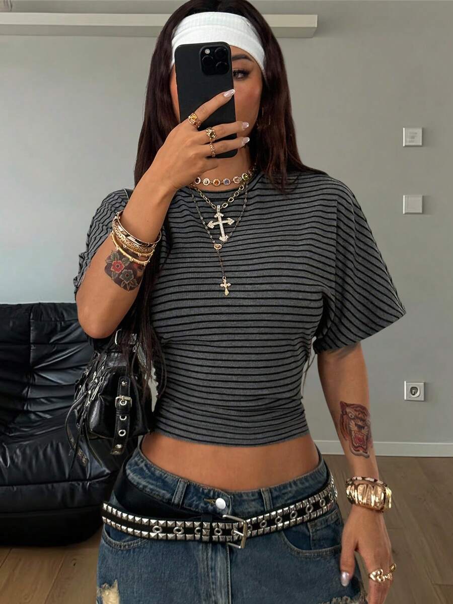 Coolane Women's Summer Minimalist Y2K Basic Daily Wear Casual Back To School Streetwear Stretchy Navy Blue Loose Ruched Crop Tees