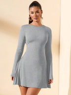 SHEIN BAE Women's Slim-Fitting Long-Sleeved High-Neck Mini Dress With Ruffled Hem, Coffee Color, Suitable For Layering, Dating Or Commuting In Autumn And Winter, Elegant Card Dress Umbrella Skirt Office Wear Work Wear Autumn Inner Wear,Summer Dresses For Women,Tea Party Dress