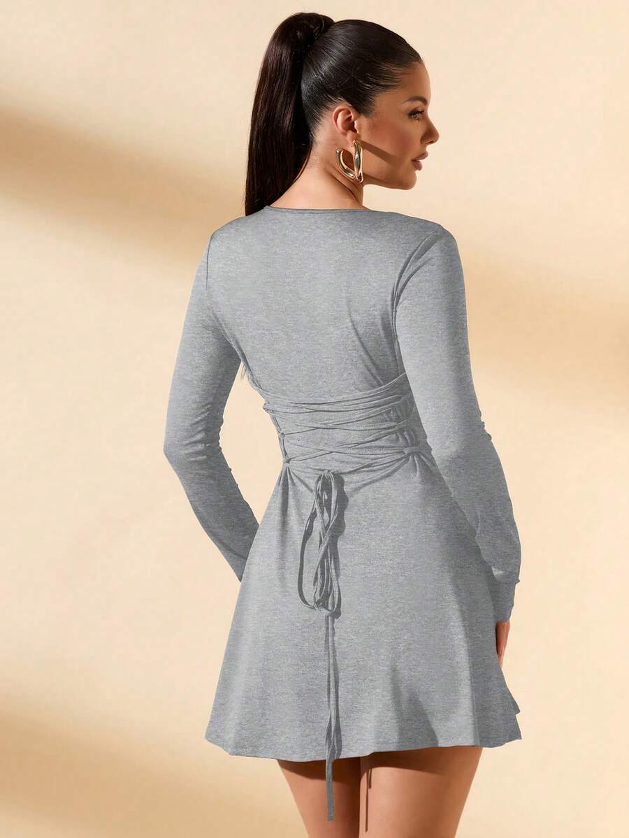 SHEIN BAE Women's Slim-Fitting Long-Sleeved High-Neck Mini Dress With Ruffled Hem, Coffee Color, Suitable For Layering, Dating Or Commuting In Autumn And Winter, Elegant Card Dress Umbrella Skirt Office Wear Work Wear Autumn Inner Wear,Summer Dresses For Women,Tea Party Dress