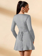 SHEIN BAE Women's Slim-Fitting Long-Sleeved High-Neck Mini Dress With Ruffled Hem, Coffee Color, Suitable For Layering, Dating Or Commuting In Autumn And Winter, Elegant Card Dress Umbrella Skirt Office Wear Work Wear Autumn Inner Wear,Summer Dresses For Women,Tea Party Dress