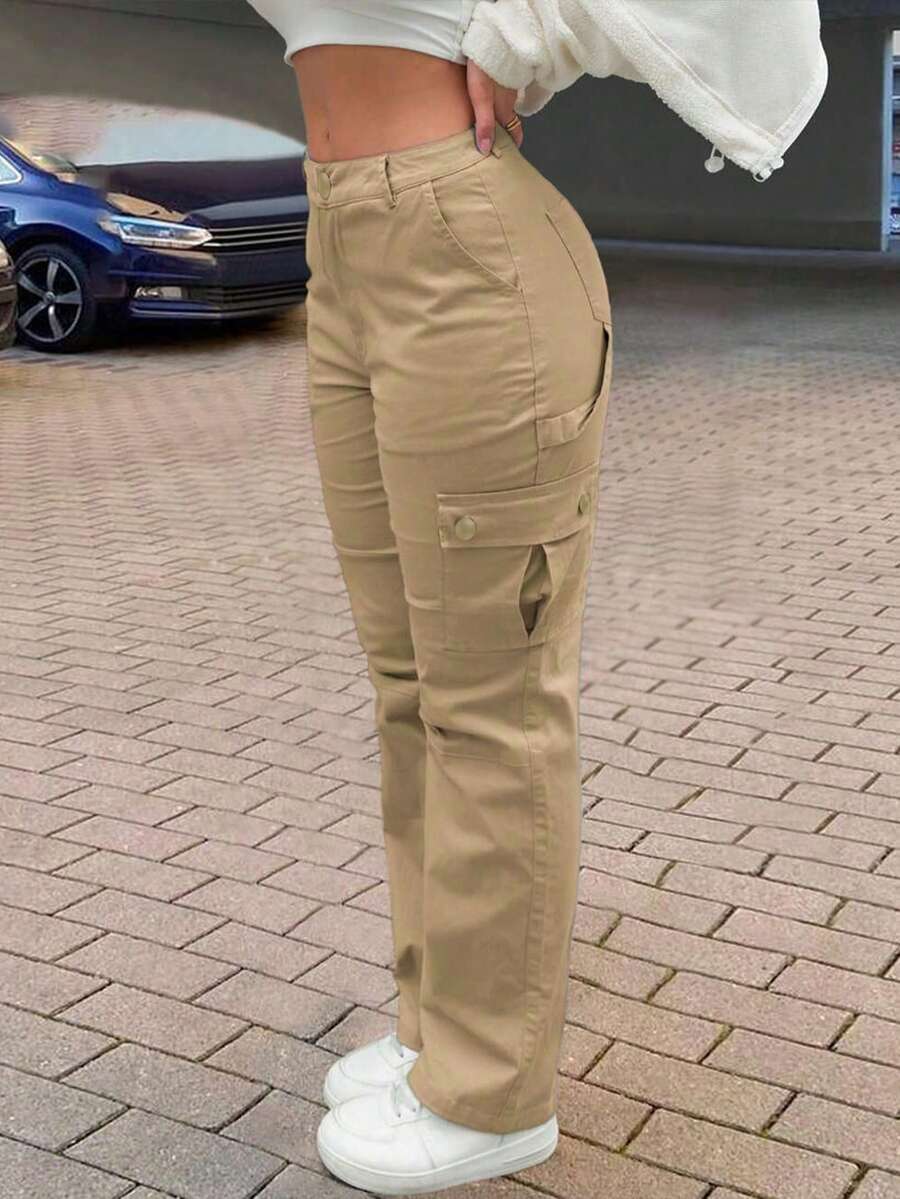 GILIPUR New Solid Color Women's Cargo Wide-Leg Pants, Elastic Waist Design, Multiple Pockets, Casual Style, Y2K Style, Elegant And Fashionable, Suitable Streetwear, 2000s Style, Autumn And Winter Outfits, Retro Clothing Style Perfect For New Year Winter And Thanksgiving