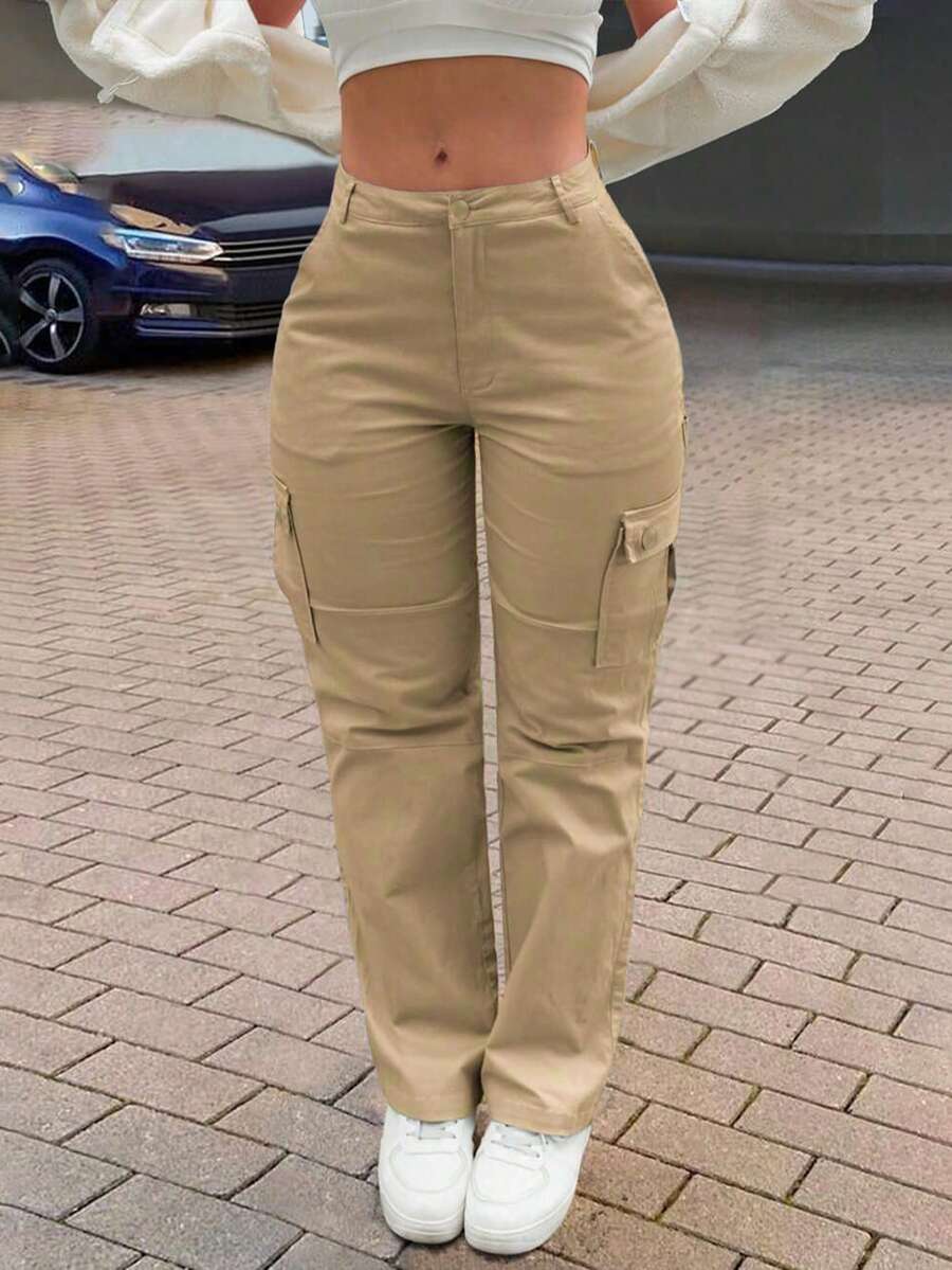 GILIPUR New Solid Color Women's Cargo Wide-Leg Pants, Elastic Waist Design, Multiple Pockets, Casual Style, Y2K Style, Elegant And Fashionable, Suitable Streetwear, 2000s Style, Autumn And Winter Outfits, Retro Clothing Style Perfect For New Year Winter And Thanksgiving