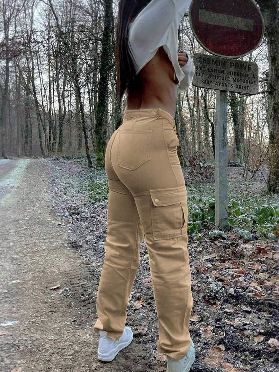 GILIPUR New Solid Color Women's Cargo Wide-Leg Pants, Elastic Waist Design, Multiple Pockets, Casual Style, Y2K Style, Elegant And Fashionable, Suitable Streetwear, 2000s Style, Autumn And Winter Outfits, Retro Clothing Style Perfect For New Year Winter And Thanksgiving