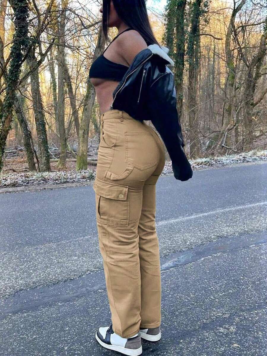 GILIPUR New Solid Color Women's Cargo Wide-Leg Pants, Elastic Waist Design, Multiple Pockets, Casual Style, Y2K Style, Elegant And Fashionable, Suitable Streetwear, 2000s Style, Autumn And Winter Outfits, Retro Clothing Style Perfect For New Year Winter And Thanksgiving