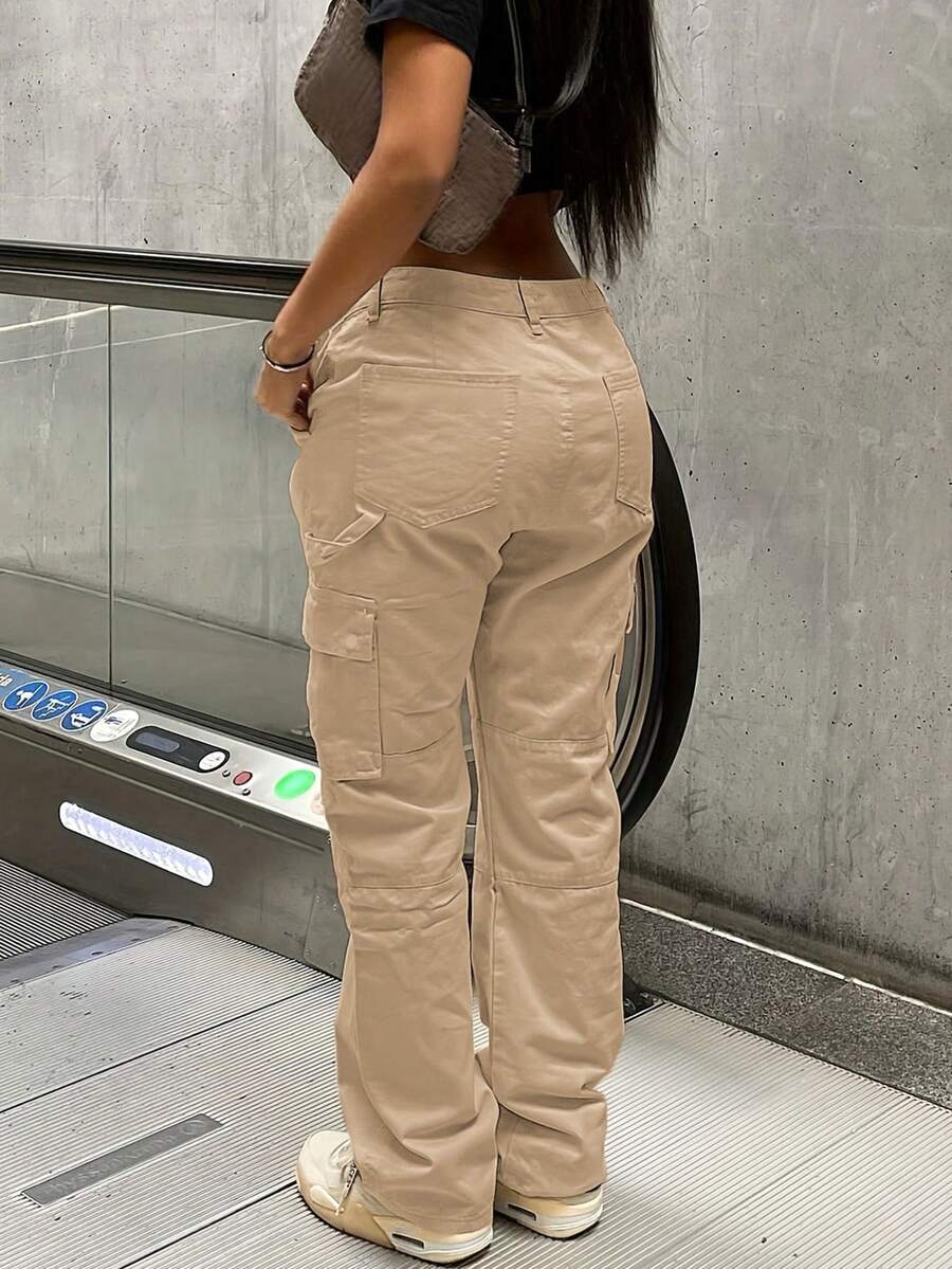 GILIPUR New Solid Color Women's Cargo Wide-Leg Pants, Elastic Waist Design, Multiple Pockets, Casual Style, Y2K Style, Elegant And Fashionable, Suitable Streetwear, 2000s Style, Autumn And Winter Outfits, Retro Clothing Style Perfect For New Year Winter And Thanksgiving