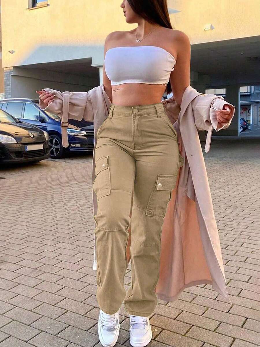 GILIPUR New Solid Color Women's Cargo Wide-Leg Pants, Elastic Waist Design, Multiple Pockets, Casual Style, Y2K Style, Elegant And Fashionable, Suitable Streetwear, 2000s Style, Autumn And Winter Outfits, Retro Clothing Style Perfect For New Year Winter And Thanksgiving