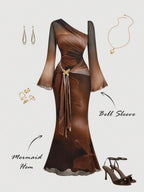 SHEIN MOD Women's Metallic Butterfly Ombre Abstract Floral Bell Sleeve Dress, Brown Elegant Women Dress, Brown Long Dress, Earth Tone Dress, Unique Dress,Elegant,Luxury,Party Dress,Dresses For Women Elegant