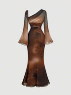 SHEIN MOD Women's Metallic Butterfly Ombre Abstract Floral Bell Sleeve Dress, Brown Elegant Women Dress, Brown Long Dress, Earth Tone Dress, Unique Dress,Elegant,Luxury,Party Dress,Dresses For Women Elegant
