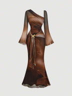 SHEIN MOD Women's Metallic Butterfly Ombre Abstract Floral Bell Sleeve Dress, Brown Elegant Women Dress, Brown Long Dress, Earth Tone Dress, Unique Dress,Elegant,Luxury,Party Dress,Dresses For Women Elegant