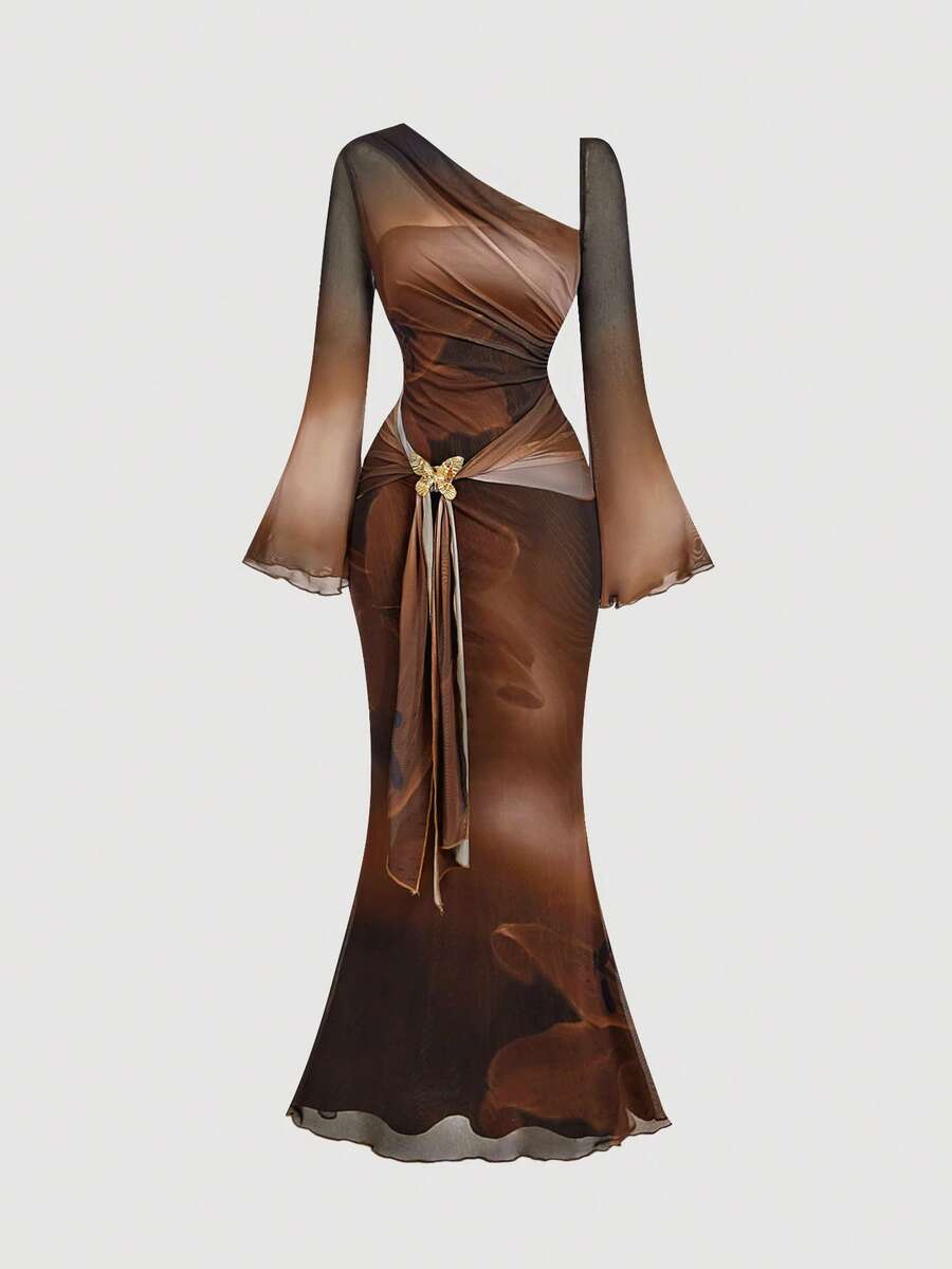 SHEIN MOD Women's Metallic Butterfly Ombre Abstract Floral Bell Sleeve Dress, Brown Elegant Women Dress, Brown Long Dress, Earth Tone Dress, Unique Dress,Elegant,Luxury,Party Dress,Dresses For Women Elegant