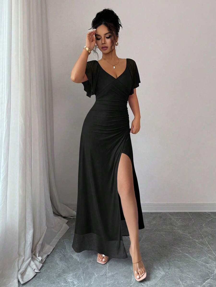 Elenzga Women's Light Purple V-Neck Ruffle Sleeve Pleated Waist Split Dress, Elegant Bridesmaid Dress, Party Gown, Spring/Summer