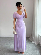 Elenzga Women's Light Purple V-Neck Ruffle Sleeve Pleated Waist Split Dress, Elegant Bridesmaid Dress, Party Gown, Spring/Summer