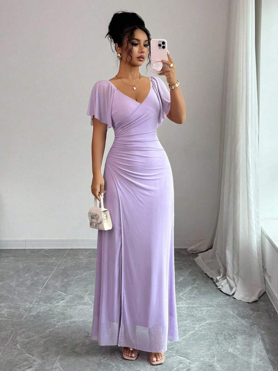 Elenzga Women's Light Purple V-Neck Ruffle Sleeve Pleated Waist Split Dress, Elegant Bridesmaid Dress, Party Gown, Spring/Summer
