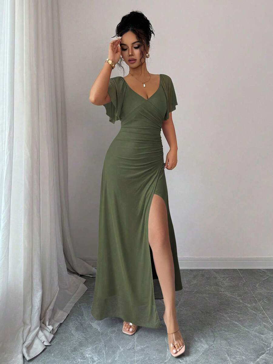 Elenzga Women's Light Purple V-Neck Ruffle Sleeve Pleated Waist Split Dress, Elegant Bridesmaid Dress, Party Gown, Spring/Summer