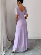 Elenzga Women's Light Purple V-Neck Ruffle Sleeve Pleated Waist Split Dress, Elegant Bridesmaid Dress, Party Gown, Spring/Summer