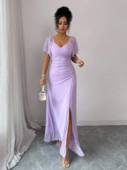 Elenzga Women's Light Purple V-Neck Ruffle Sleeve Pleated Waist Split Dress, Elegant Bridesmaid Dress, Party Gown, Spring/Summer
