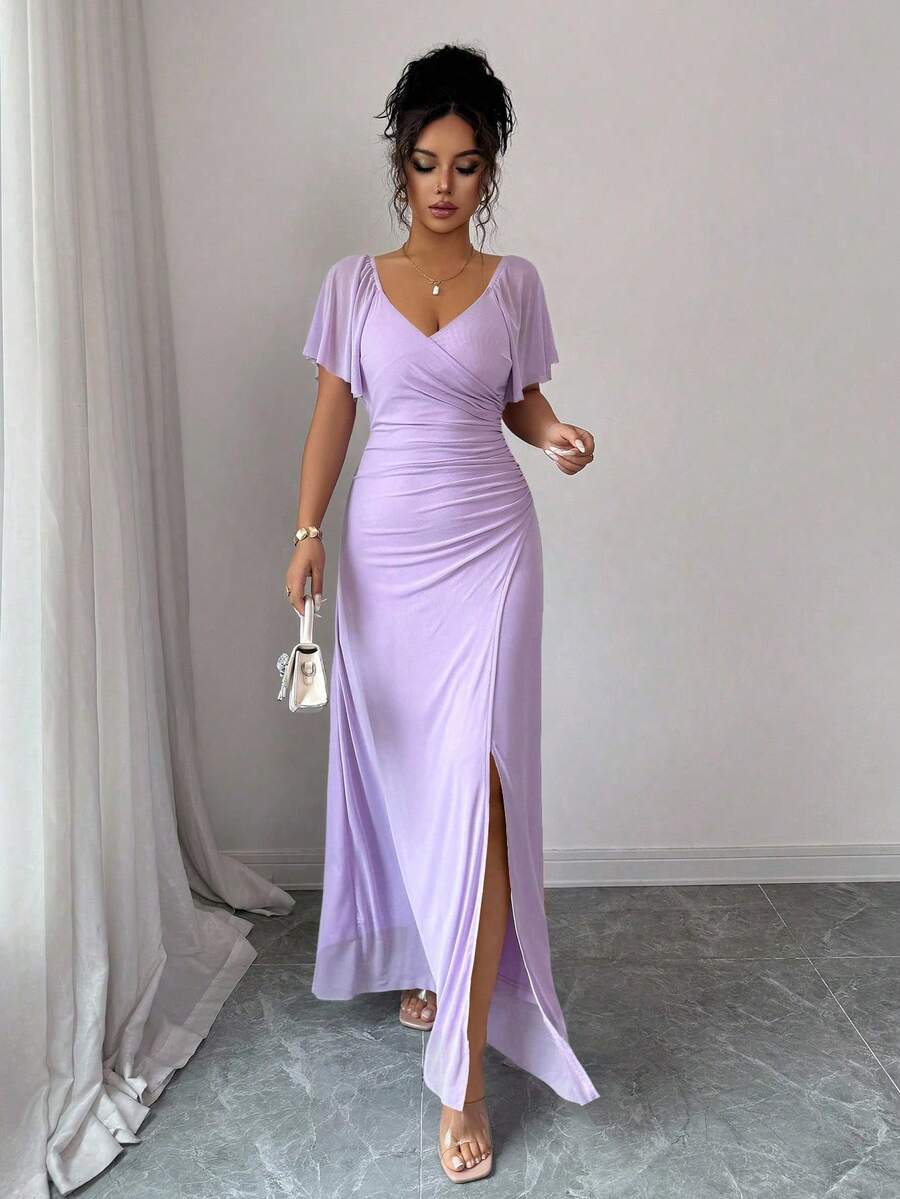 Elenzga Women's Light Purple V-Neck Ruffle Sleeve Pleated Waist Split Dress, Elegant Bridesmaid Dress, Party Gown, Spring/Summer