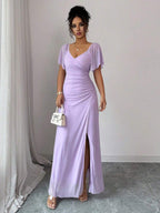 Elenzga Women's Light Purple V-Neck Ruffle Sleeve Pleated Waist Split Dress, Elegant Bridesmaid Dress, Party Gown, Spring/Summer