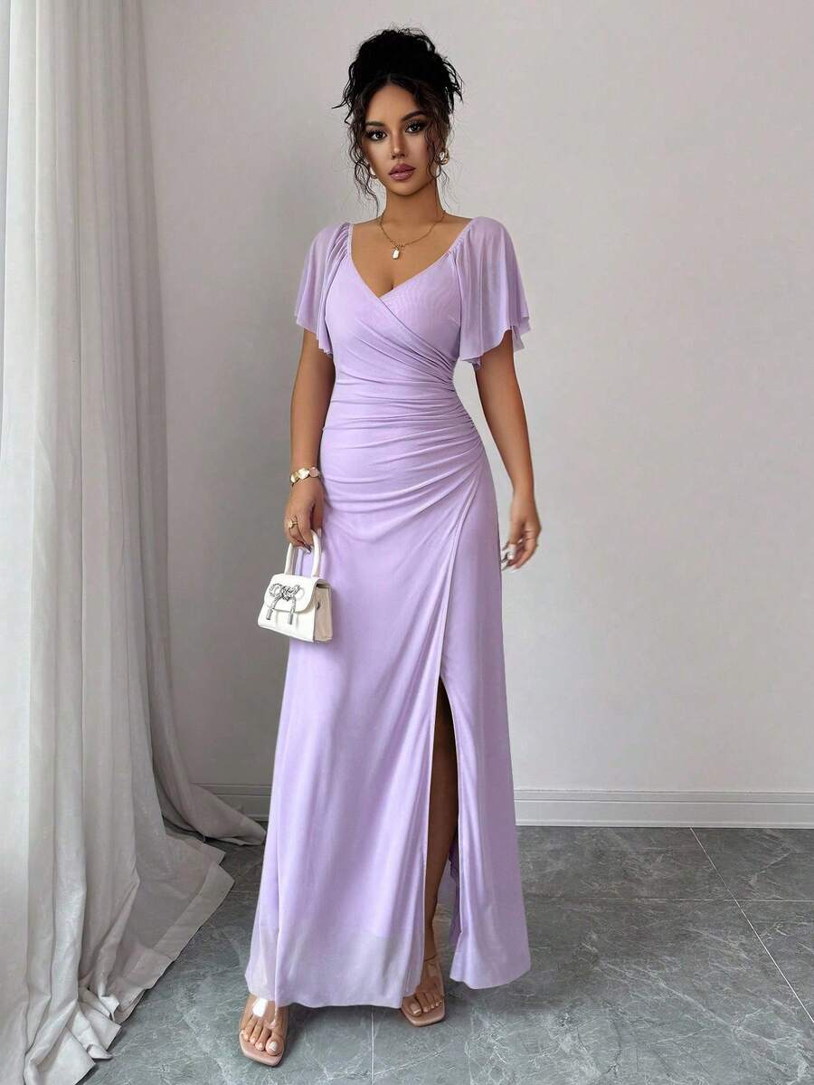 Elenzga Women's Light Purple V-Neck Ruffle Sleeve Pleated Waist Split Dress, Elegant Bridesmaid Dress, Party Gown, Spring/Summer