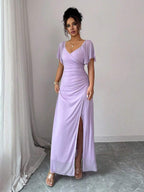 Elenzga Women's Light Purple V-Neck Ruffle Sleeve Pleated Waist Split Dress, Elegant Bridesmaid Dress, Party Gown, Spring/Summer