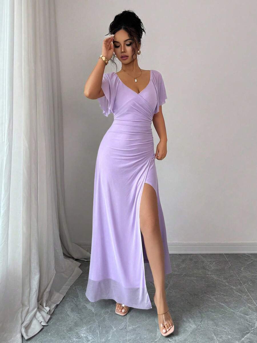 Elenzga Women's Light Purple V-Neck Ruffle Sleeve Pleated Waist Split Dress, Elegant Bridesmaid Dress, Party Gown, Spring/Summer