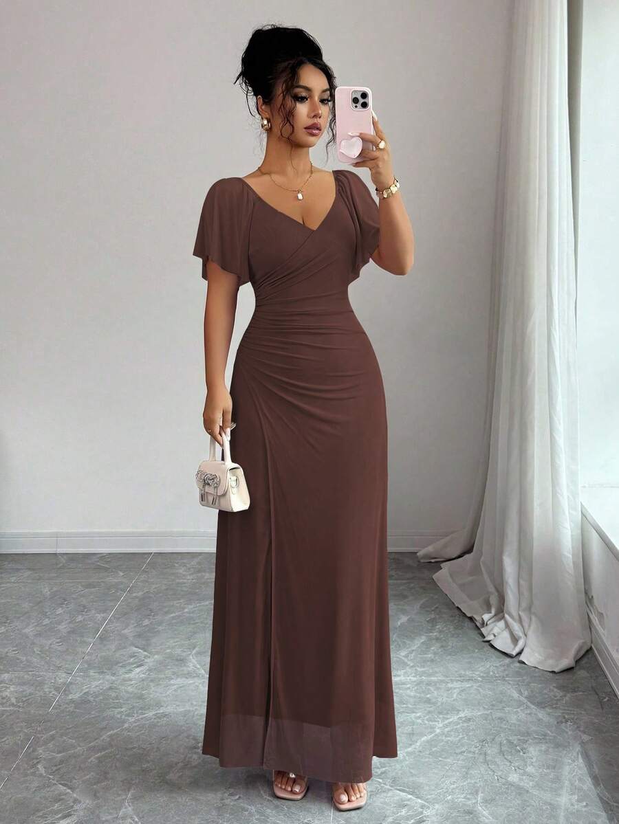 Elenzga Women's Light Purple V-Neck Ruffle Sleeve Pleated Waist Split Dress, Elegant Bridesmaid Dress, Party Gown, Spring/Summer