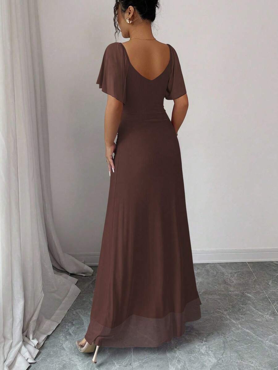 Elenzga Women's Light Purple V-Neck Ruffle Sleeve Pleated Waist Split Dress, Elegant Bridesmaid Dress, Party Gown, Spring/Summer