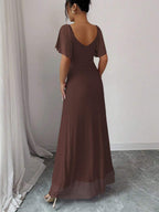 Elenzga Women's Light Purple V-Neck Ruffle Sleeve Pleated Waist Split Dress, Elegant Bridesmaid Dress, Party Gown, Spring/Summer