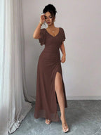 Elenzga Women's Light Purple V-Neck Ruffle Sleeve Pleated Waist Split Dress, Elegant Bridesmaid Dress, Party Gown, Spring/Summer