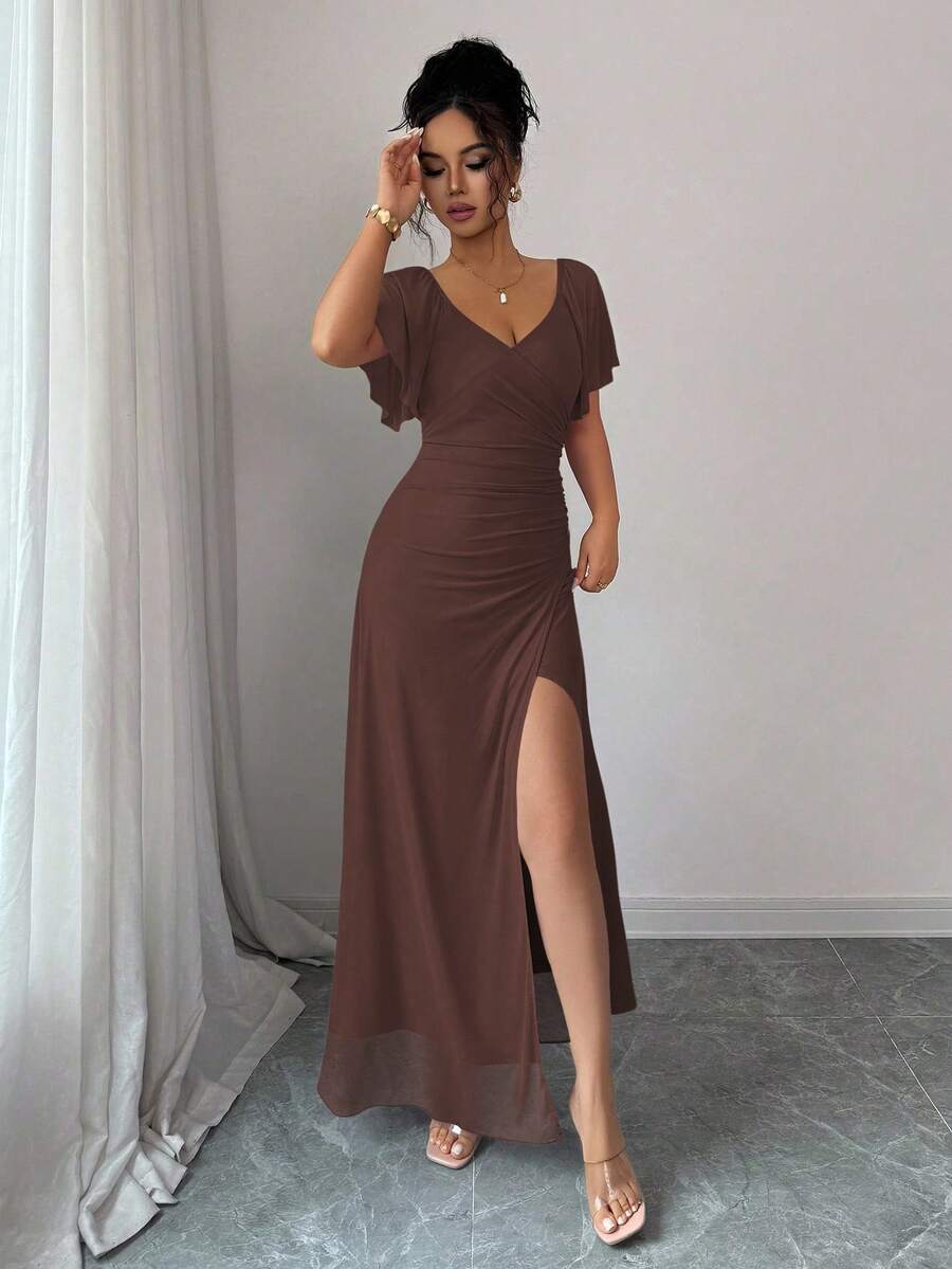 Elenzga Women's Light Purple V-Neck Ruffle Sleeve Pleated Waist Split Dress, Elegant Bridesmaid Dress, Party Gown, Spring/Summer