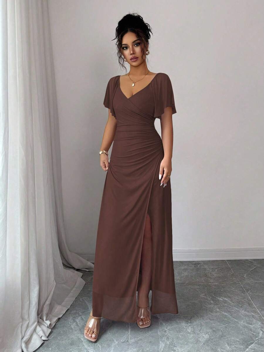 Elenzga Women's Light Purple V-Neck Ruffle Sleeve Pleated Waist Split Dress, Elegant Bridesmaid Dress, Party Gown, Spring/Summer