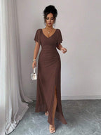 Elenzga Women's Light Purple V-Neck Ruffle Sleeve Pleated Waist Split Dress, Elegant Bridesmaid Dress, Party Gown, Spring/Summer
