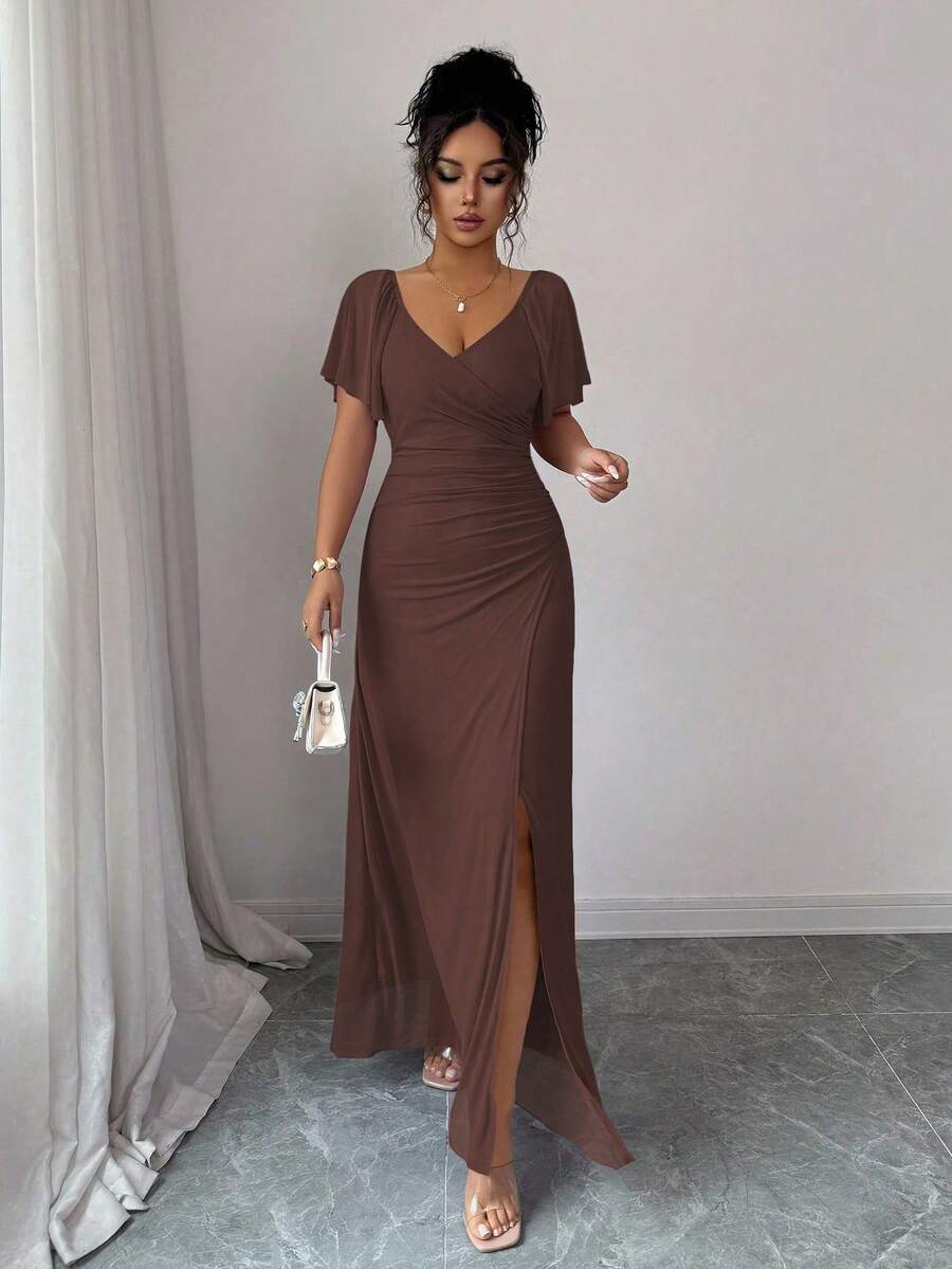 Elenzga Women's Light Purple V-Neck Ruffle Sleeve Pleated Waist Split Dress, Elegant Bridesmaid Dress, Party Gown, Spring/Summer