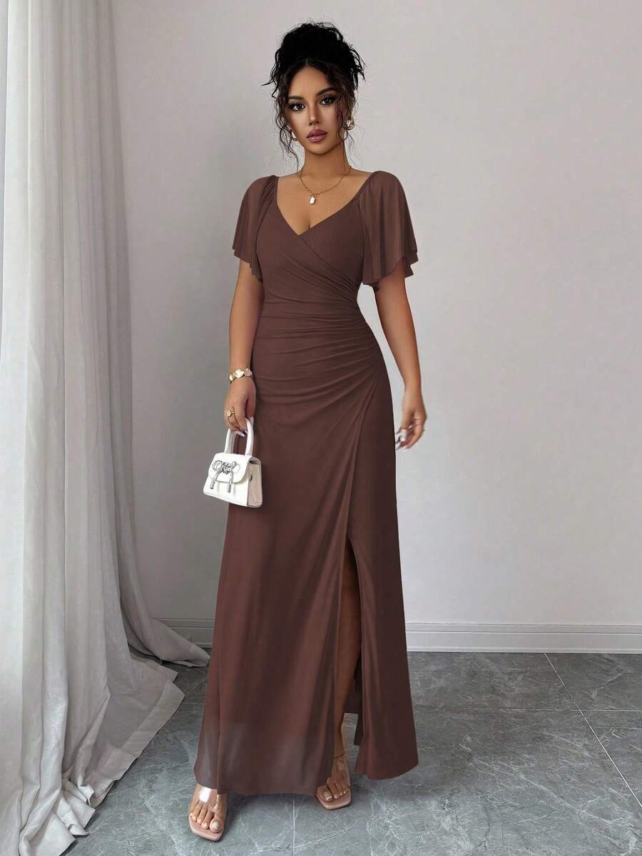 Elenzga Women's Light Purple V-Neck Ruffle Sleeve Pleated Waist Split Dress, Elegant Bridesmaid Dress, Party Gown, Spring/Summer