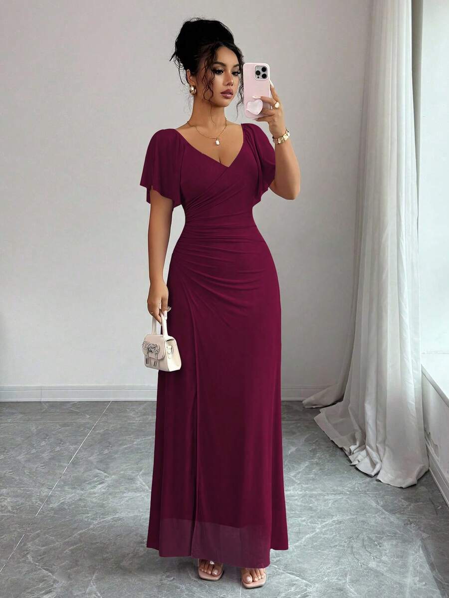 Elenzga Women's Light Purple V-Neck Ruffle Sleeve Pleated Waist Split Dress, Elegant Bridesmaid Dress, Party Gown, Spring/Summer
