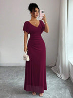 Elenzga Women's Light Purple V-Neck Ruffle Sleeve Pleated Waist Split Dress, Elegant Bridesmaid Dress, Party Gown, Spring/Summer