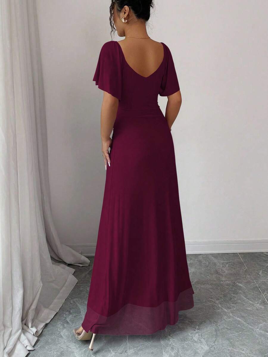 Elenzga Women's Light Purple V-Neck Ruffle Sleeve Pleated Waist Split Dress, Elegant Bridesmaid Dress, Party Gown, Spring/Summer