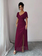 Elenzga Women's Light Purple V-Neck Ruffle Sleeve Pleated Waist Split Dress, Elegant Bridesmaid Dress, Party Gown, Spring/Summer
