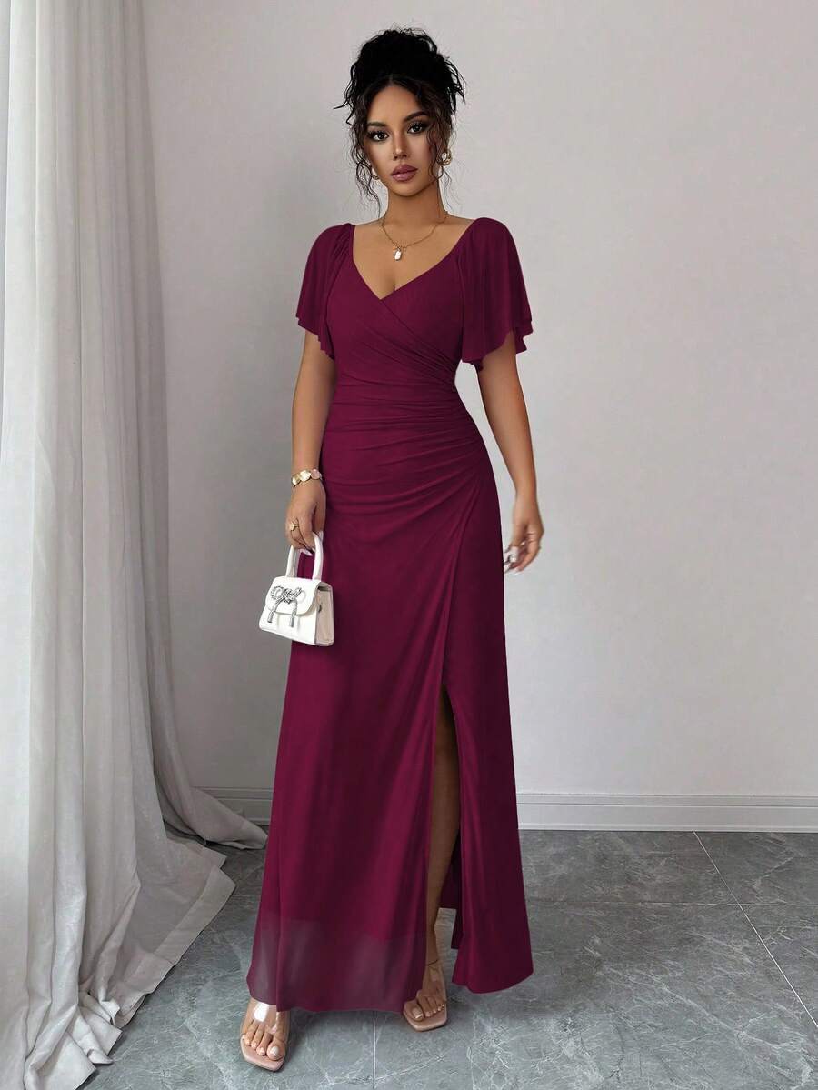 Elenzga Women's Light Purple V-Neck Ruffle Sleeve Pleated Waist Split Dress, Elegant Bridesmaid Dress, Party Gown, Spring/Summer