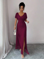 Elenzga Women's Light Purple V-Neck Ruffle Sleeve Pleated Waist Split Dress, Elegant Bridesmaid Dress, Party Gown, Spring/Summer