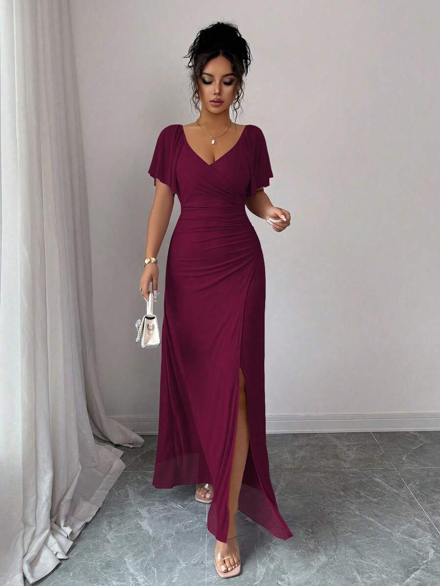 Elenzga Women's Light Purple V-Neck Ruffle Sleeve Pleated Waist Split Dress, Elegant Bridesmaid Dress, Party Gown, Spring/Summer