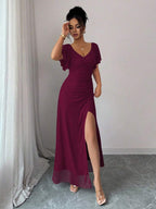 Elenzga Women's Light Purple V-Neck Ruffle Sleeve Pleated Waist Split Dress, Elegant Bridesmaid Dress, Party Gown, Spring/Summer