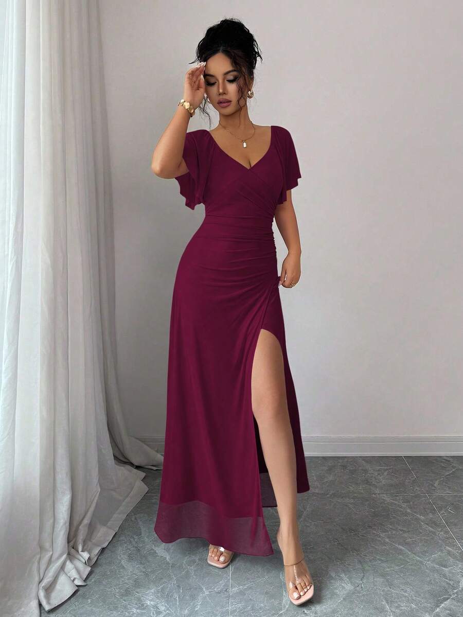 Elenzga Women's Light Purple V-Neck Ruffle Sleeve Pleated Waist Split Dress, Elegant Bridesmaid Dress, Party Gown, Spring/Summer