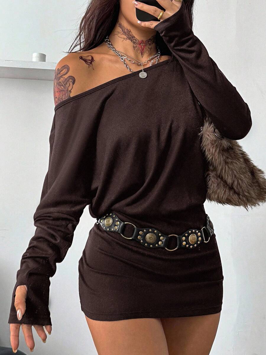 Coolane Women's Fall Y2K Basic Daily Wear Casual Black Knit Asymmetrical Shoulder Batwing Sleeve Beltless Mini Dress