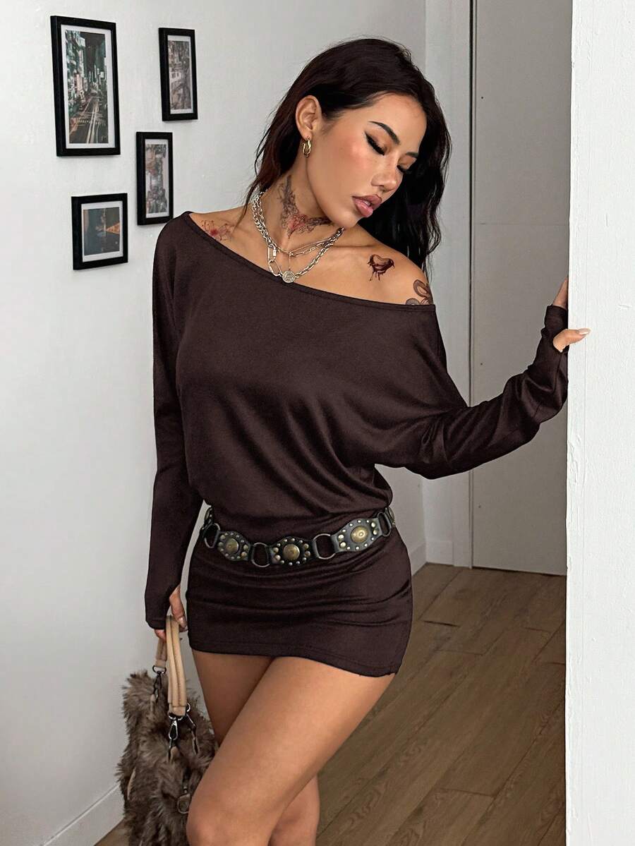 Coolane Women's Fall Y2K Basic Daily Wear Casual Black Knit Asymmetrical Shoulder Batwing Sleeve Beltless Mini Dress