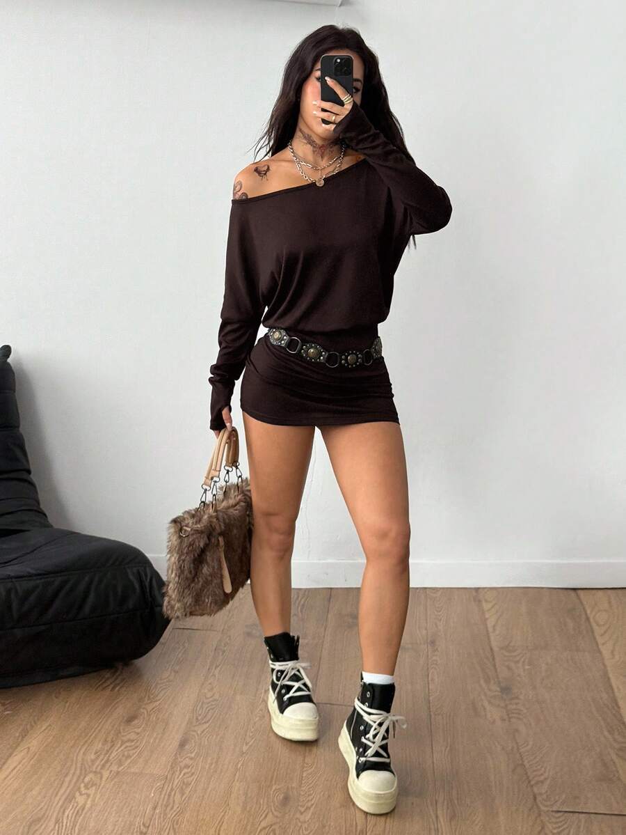Coolane Women's Fall Y2K Basic Daily Wear Casual Black Knit Asymmetrical Shoulder Batwing Sleeve Beltless Mini Dress