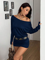 Coolane Women's Fall Y2K Basic Daily Wear Casual Black Knit Asymmetrical Shoulder Batwing Sleeve Beltless Mini Dress
