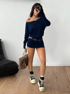 Coolane Women's Fall Y2K Basic Daily Wear Casual Black Knit Asymmetrical Shoulder Batwing Sleeve Beltless Mini Dress