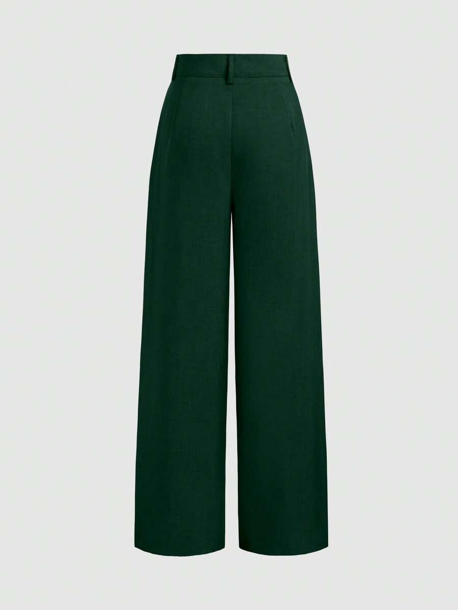 Vela Rue Minimalist Design Jumpsuit Pants, Hook & Zipper Closure, Thin Solid Green Straight Leg Trousers, Flattering Wide Leg, Fashionable All Season